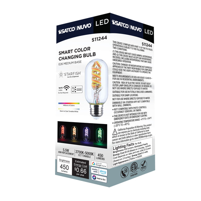 Satco 5.5W (40W Equivalent) T14 LED Bulb, E26 Medium Base, Selectable 2700K-5000K, 90+ CRI, Dimmable, Damp Rated, Clear, alternate view [Satco-S11244|CUSTOM|2]