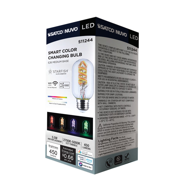 Satco 5.5W (40W Equivalent) T14 LED Bulb, E26 Medium Base, Selectable 2700K-5000K, 90+ CRI, Dimmable, Damp Rated, Clear, alternate view [Satco-S11244|CUSTOM|4]