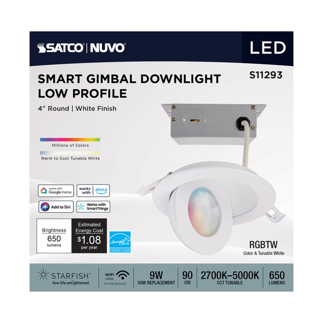 Satco LED Gimbaled Downlight, RGB & Tunable White, Round, Starfish IOT, 120-277V, White / 4 Inch / 9 Watt, 650 Lumens, alternate view [Satco-S11293|CUSTOM|1]