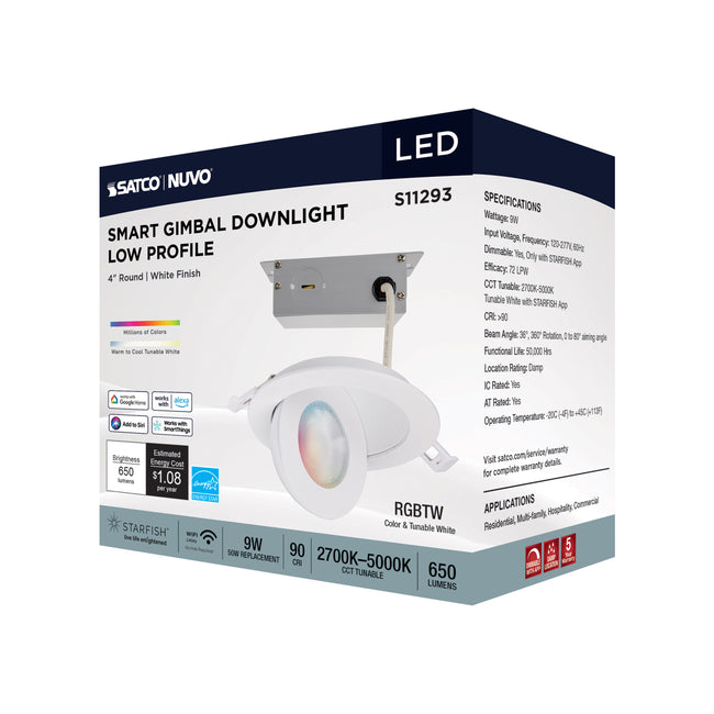 Satco LED Gimbaled Downlight, RGB & Tunable White, Round, Starfish IOT, 120-277V, White / 4 Inch / 9 Watt, 650 Lumens, alternate view [Satco-S11293|CUSTOM|6]