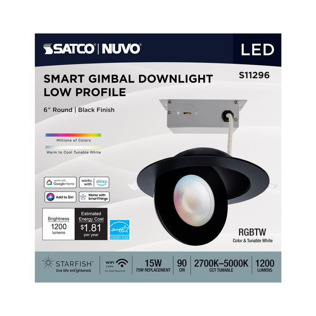 Satco LED Gimbaled Downlight, RGB & Tunable White, Round, Starfish IOT, 120-277V, Black / 6 Inch / 15 Watt, 1200 Lumens, alternate view [Satco-S11296|CUSTOM|1]