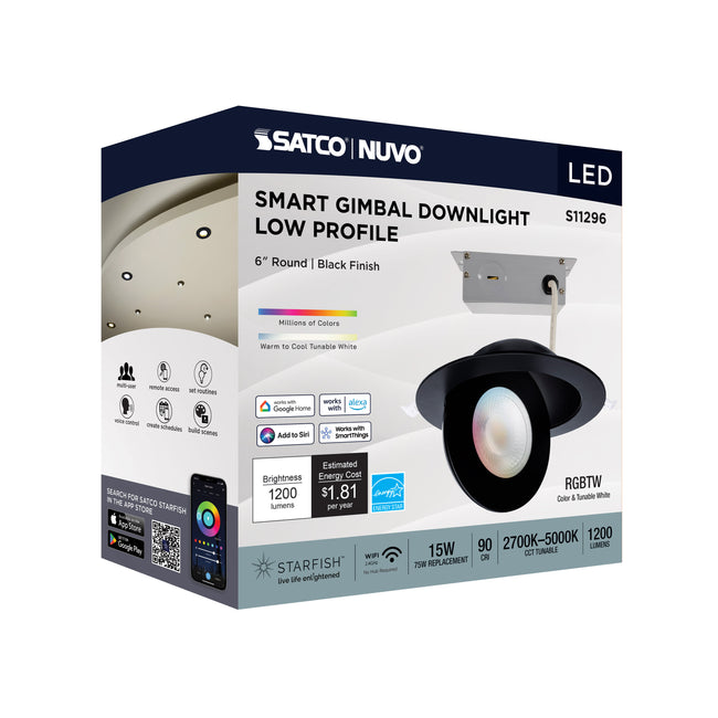 Satco LED Gimbaled Downlight, RGB & Tunable White, Round, Starfish IOT, 120-277V, Black / 6 Inch / 15 Watt, 1200 Lumens, alternate view [Satco-S11296|CUSTOM|5]