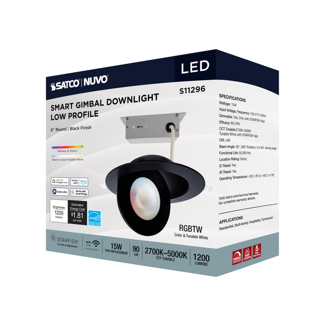 Satco LED Gimbaled Downlight, RGB & Tunable White, Round, Starfish IOT, 120-277V, Black / 6 Inch / 15 Watt, 1200 Lumens, alternate view [Satco-S11296|CUSTOM|6]