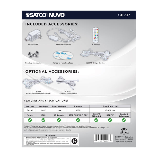 Satco Starfish, 50 Foot LED Eave String Light, RGBTW, 120V, Remote Included, White, alternate view [Satco-S11297|CUSTOM|2]