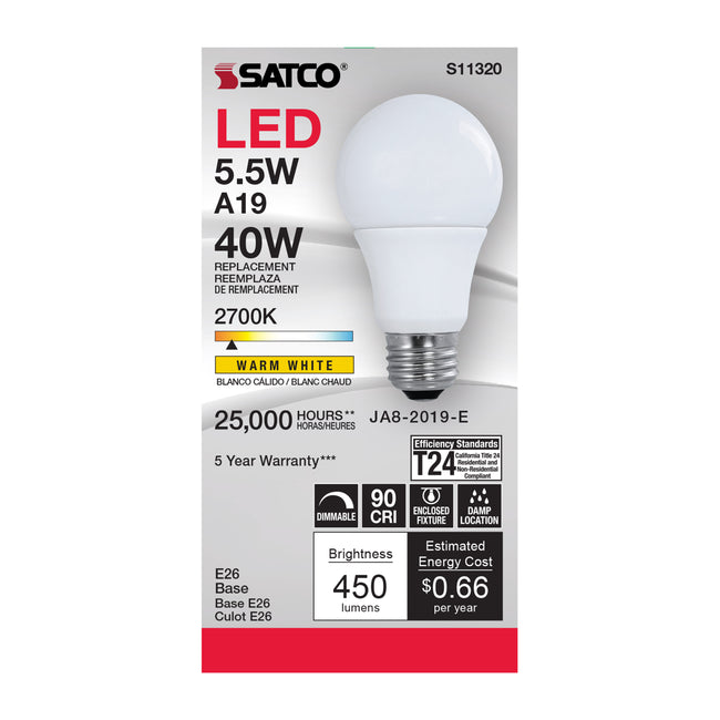 Satco 5.5W (40W Equivalent) A19 Standard LED Bulb, E26 Medium Base, 2700K, 90+ CRI, Dimmable, Damp Rated, Frost, alternate view [Satco-S11320|CUSTOM|1]
