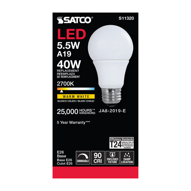 Satco 5.5W (40W Equivalent) A19 Standard LED Bulb, E26 Medium Base, 2700K, 90+ CRI, Dimmable, Damp Rated, Frost, alternate view [Satco-S11320|CUSTOM|2]