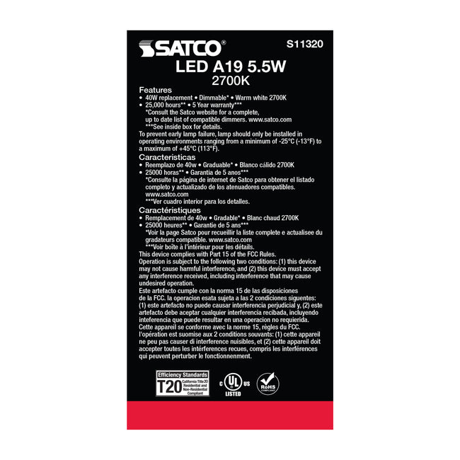 Satco 5.5W (40W Equivalent) A19 Standard LED Bulb, E26 Medium Base, 2700K, 90+ CRI, Dimmable, Damp Rated, Frost, alternate view [Satco-S11320|CUSTOM|3]