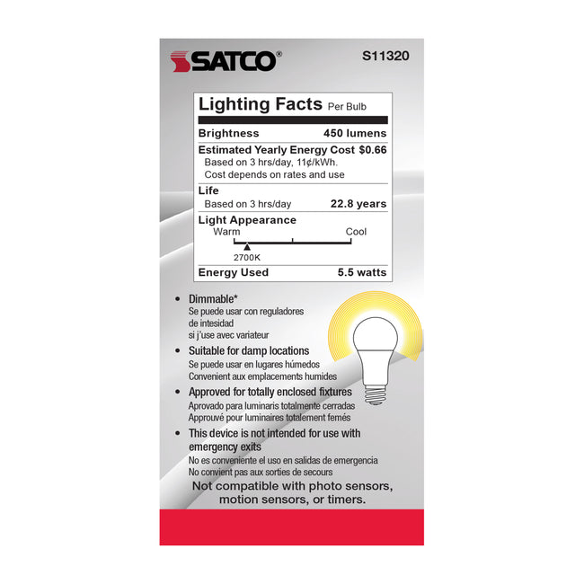 Satco 5.5W (40W Equivalent) A19 Standard LED Bulb, E26 Medium Base, 2700K, 90+ CRI, Dimmable, Damp Rated, Frost, alternate view [Satco-S11320|CUSTOM|4]