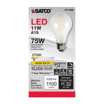 Satco 11W (75W Equivalent) A19 Standard LED Filament Bulb, E26 Medium Base, 2700K, 90+ CRI, Dimmable, Damp Rated, alternate view [Satco-S11359|CUSTOM|2]