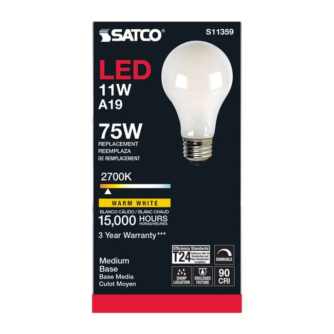 Satco 11W (75W Equivalent) A19 Standard LED Filament Bulb, E26 Medium Base, 2700K, 90+ CRI, Dimmable, Damp Rated, alternate view [Satco-S11359|CUSTOM|3]
