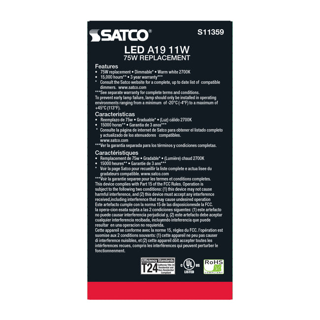 Satco 11W (75W Equivalent) A19 Standard LED Filament Bulb, E26 Medium Base, 2700K, 90+ CRI, Dimmable, Damp Rated, alternate view [Satco-S11359|CUSTOM|4]