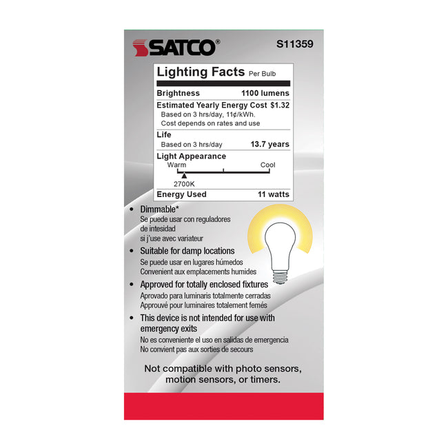 Satco 11W (75W Equivalent) A19 Standard LED Filament Bulb, E26 Medium Base, 2700K, 90+ CRI, Dimmable, Damp Rated, alternate view [Satco-S11359|CUSTOM|5]