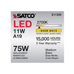 Satco 11W (75W Equivalent) A19 Standard LED Filament Bulb, E26 Medium Base, 2700K, 90+ CRI, Dimmable, Damp Rated, alternate view [Satco-S11359|CUSTOM|6]