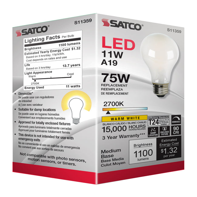 Satco 11W (75W Equivalent) A19 Standard LED Filament Bulb, E26 Medium Base, 2700K, 90+ CRI, Dimmable, Damp Rated, alternate view [Satco-S11359|CUSTOM|7]