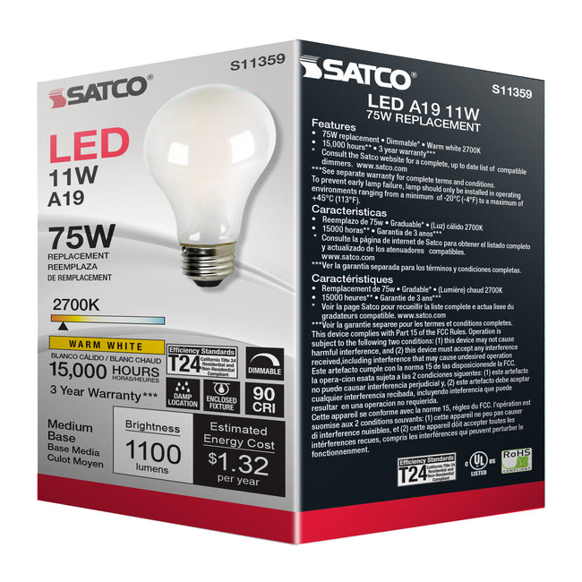 Satco 11W (75W Equivalent) A19 Standard LED Filament Bulb, E26 Medium Base, 2700K, 90+ CRI, Dimmable, Damp Rated, alternate view [Satco-S11359|CUSTOM|8]