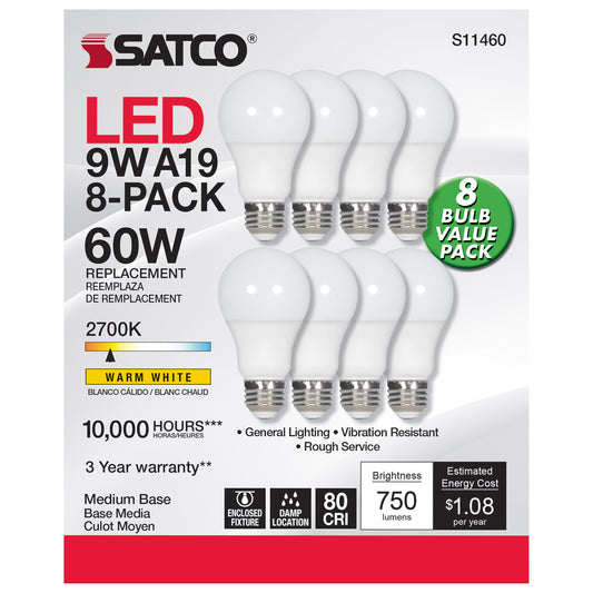 Satco 9W (60W Equivalent) A19 Standard LED Bulb, E26 Medium Base, 2700K, 80+ CRI, Damp Rated, 120V, White, alternate view [Satco-S11460|CUSTOM|1]