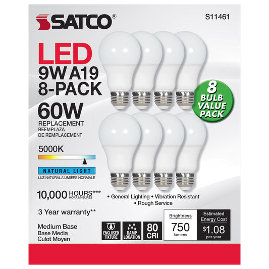 Satco 9W (60W Equivalent) A19 Standard LED Bulb, E26 Medium Base, 5000K, 80+ CRI, Damp Rated, White, alternate view [Satco-S11461|CUSTOM|1]