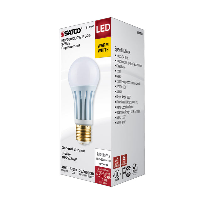 Satco 10/22/34W (100/200/300W Equivalent) PS25 LED Bulb, E39d Base, 2700K, 80+ CRI, Damp Rated, alternate view [Satco-S11490|CUSTOM|3]
