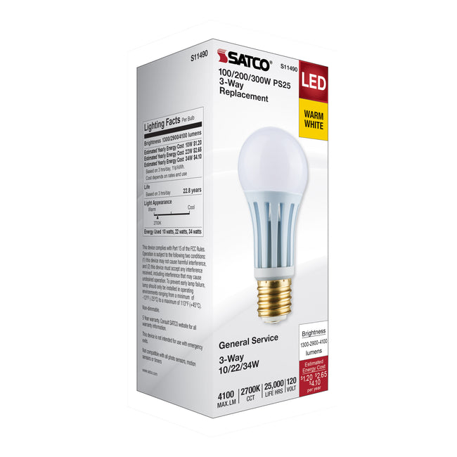 Satco 10/22/34W (100/200/300W Equivalent) PS25 LED Bulb, E39d Base, 2700K, 80+ CRI, Damp Rated, alternate view [Satco-S11490|CUSTOM|4]