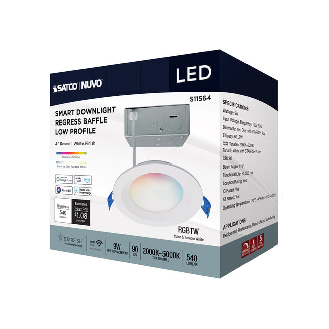 Satco LED Direct Wire, Low Profile Regress Baffle Downlight, Round, Starfish IOT, 4 Inch / 9 Watt, alternate view [Satco-S11564|CUSTOM|1]