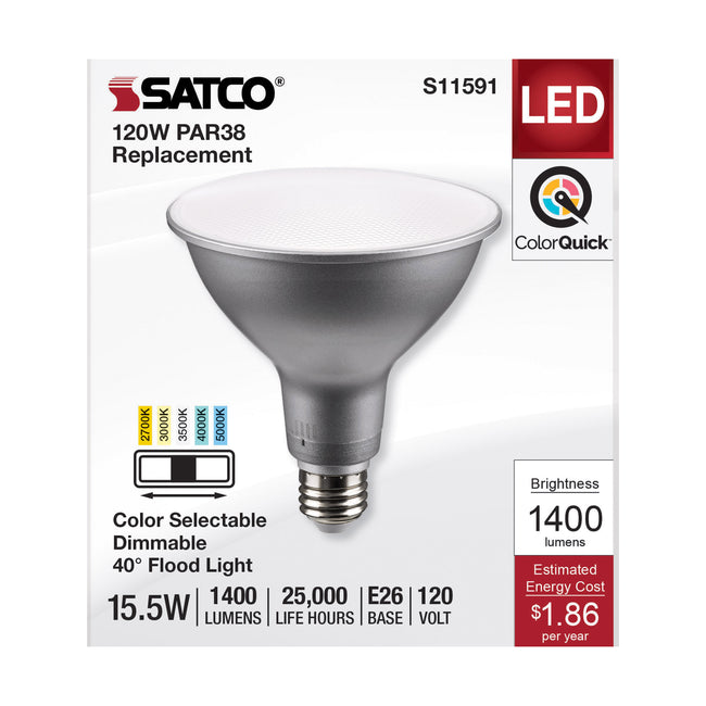 Satco 15.5W (120W Equivalent) PAR38 Reflector LED Bulb, E26 Medium Base, Selectable 2700K-5000K, 90+ CRI, 40° Beam, Dimmable, Wet Rated, Silver, alternate view [Satco-S11591|CUSTOM|1]