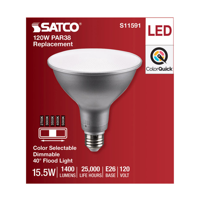 Satco 15.5W (120W Equivalent) PAR38 Reflector LED Bulb, E26 Medium Base, Selectable 2700K-5000K, 90+ CRI, 40° Beam, Dimmable, Wet Rated, Silver, alternate view [Satco-S11591|CUSTOM|2]