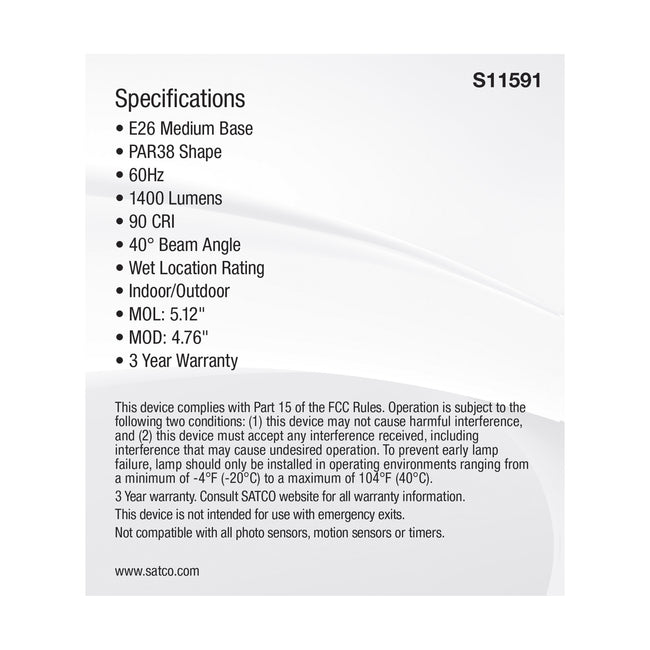 Satco 15.5W (120W Equivalent) PAR38 Reflector LED Bulb, E26 Medium Base, Selectable 2700K-5000K, 90+ CRI, 40° Beam, Dimmable, Wet Rated, Silver, alternate view [Satco-S11591|CUSTOM|3]