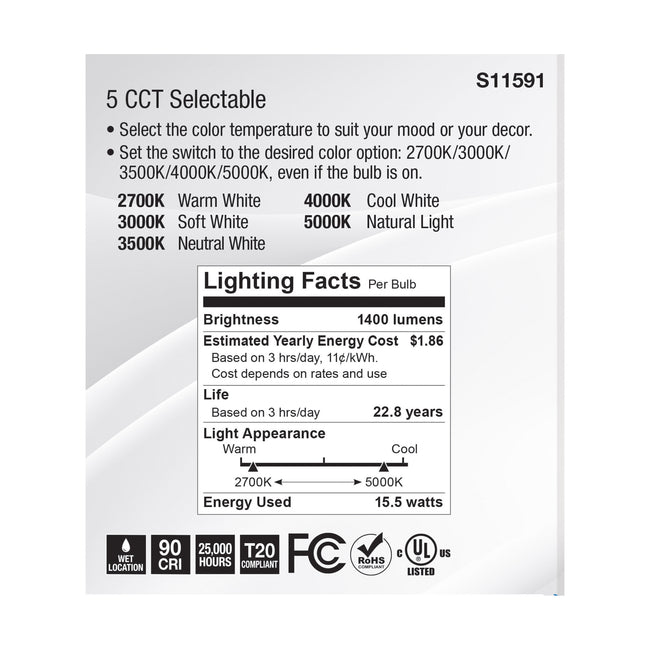 Satco 15.5W (120W Equivalent) PAR38 Reflector LED Bulb, E26 Medium Base, Selectable 2700K-5000K, 90+ CRI, 40° Beam, Dimmable, Wet Rated, Silver, alternate view [Satco-S11591|CUSTOM|4]