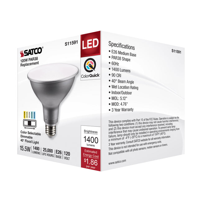 Satco 15.5W (120W Equivalent) PAR38 Reflector LED Bulb, E26 Medium Base, Selectable 2700K-5000K, 90+ CRI, 40° Beam, Dimmable, Wet Rated, Silver, alternate view [Satco-S11591|CUSTOM|5]