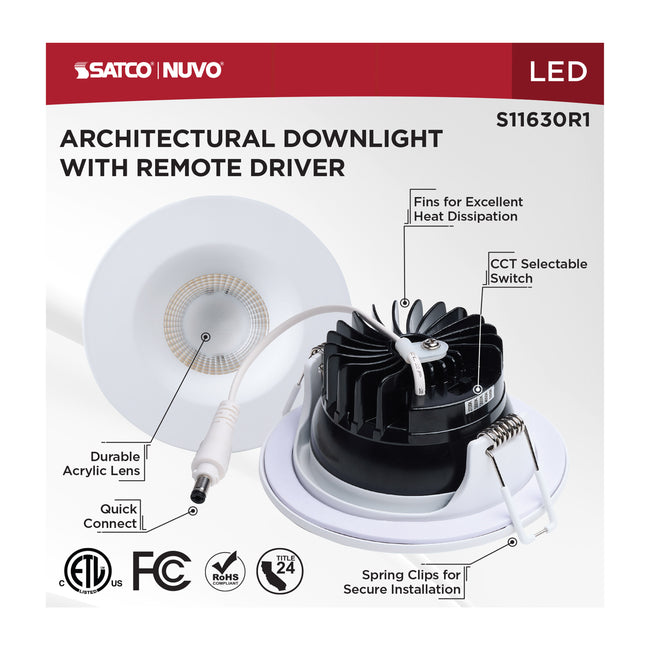 Satco LED Direct Wire Downlight, Remote Driver, Dimmable, Round, White, alternate view [Satco-S11630R1|CUSTOM|2]
