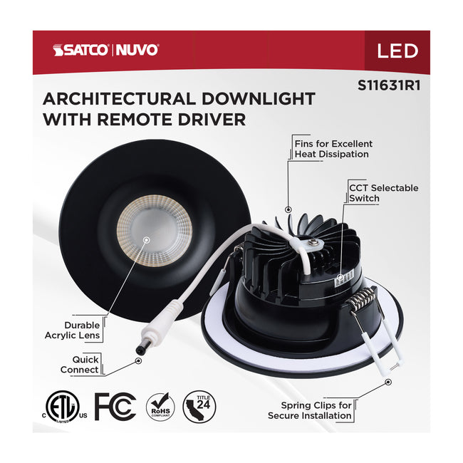 Satco LED Direct Wire Downlight, Remote Driver, Dimmable, Round, Black, alternate view [Satco-S11631R1|CUSTOM|1]