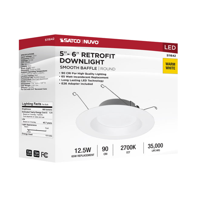 Satco LED Downlight Retrofit, 120V, Dimmable, 5-6 Inch / White / 12.5 Watt, 2700K, alternate view [Satco-S11642|CUSTOM|5]