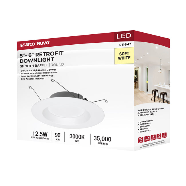 Satco LED Downlight Retrofit, 120V, Dimmable, 5-6 Inch / White / 12.5 Watt, 3000K, alternate view [Satco-S11643|CUSTOM|2]
