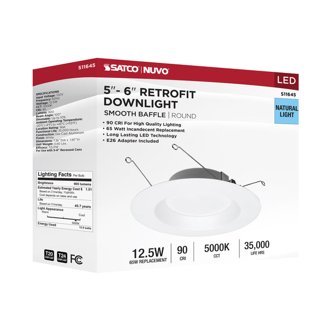 Satco LED Downlight Retrofit, 120V, Dimmable, 5-6 Inch / White / 12.5 Watt, 5000K, alternate view [Satco-S11645|CUSTOM|1]