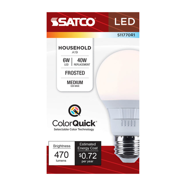 Satco 6W (40W Equivalent) A19 Standard LED Bulb, E26 Medium Base, Selectable 2700K-5000K, 90+ CRI, Damp Rated, Single (Box), alternate view [Satco-S11770R1|CUSTOM|1]