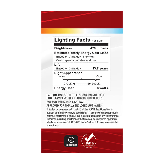Satco 6W (40W Equivalent) A19 Standard LED Bulb, E26 Medium Base, Selectable 2700K-5000K, 90+ CRI, Damp Rated, Single (Box), alternate view [Satco-S11770R1|CUSTOM|4]
