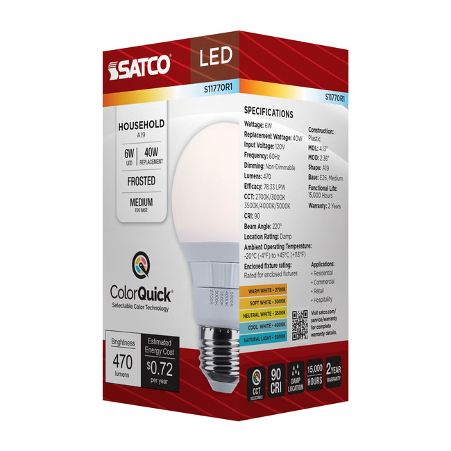 Satco 6W (40W Equivalent) A19 Standard LED Bulb, E26 Medium Base, Selectable 2700K-5000K, 90+ CRI, Damp Rated, Single (Box), alternate view [Satco-S11770R1|CUSTOM|5]