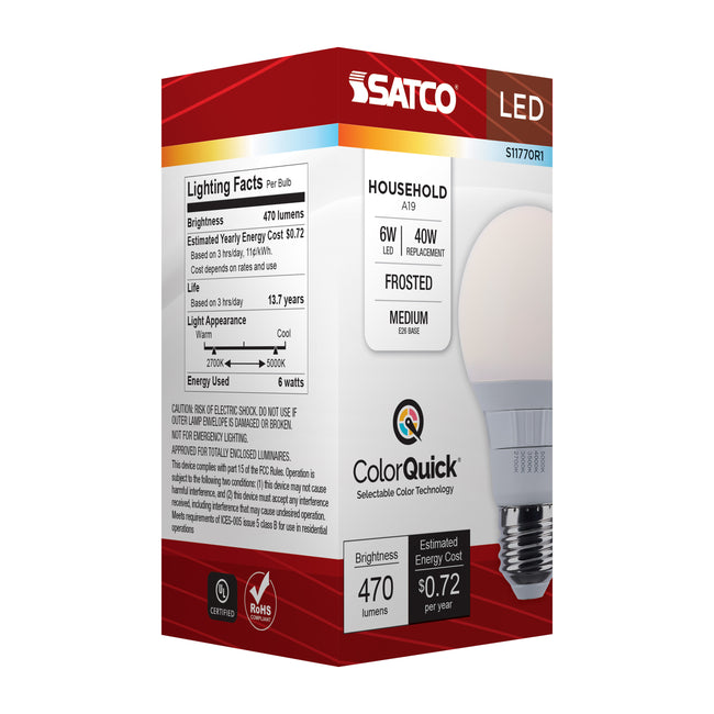 Satco 6W (40W Equivalent) A19 Standard LED Bulb, E26 Medium Base, Selectable 2700K-5000K, 90+ CRI, Damp Rated, Single (Box), alternate view [Satco-S11770R1|CUSTOM|6]