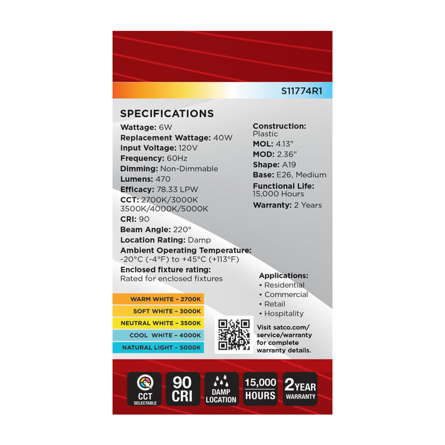 Satco 6W (40W Equivalent) A19 Standard LED Bulb, E26 Medium Base, Selectable 2700K-5000K, 90+ CRI, Damp Rated, 4-Pack (Box), alternate view [Satco-S11774R1|CUSTOM|3]