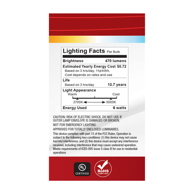Satco 6W (40W Equivalent) A19 Standard LED Bulb, E26 Medium Base, Selectable 2700K-5000K, 90+ CRI, Damp Rated, 4-Pack (Box), alternate view [Satco-S11774R1|CUSTOM|4]