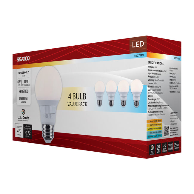Satco 6W (40W Equivalent) A19 Standard LED Bulb, E26 Medium Base, Selectable 2700K-5000K, 90+ CRI, Damp Rated, 4-Pack (Box), alternate view [Satco-S11774R1|CUSTOM|5]