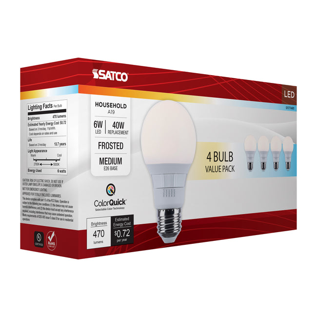 Satco 6W (40W Equivalent) A19 Standard LED Bulb, E26 Medium Base, Selectable 2700K-5000K, 90+ CRI, Damp Rated, 4-Pack (Box), alternate view [Satco-S11774R1|CUSTOM|6]