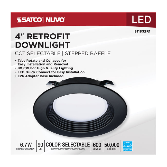 Satco LED Downlight Retrofit, 120V, 2700K/3000K/3500K/4000K/5000K, 4 Inch / Black / 6.7 Watt, alternate view [Satco-S11832R1|CUSTOM|1]