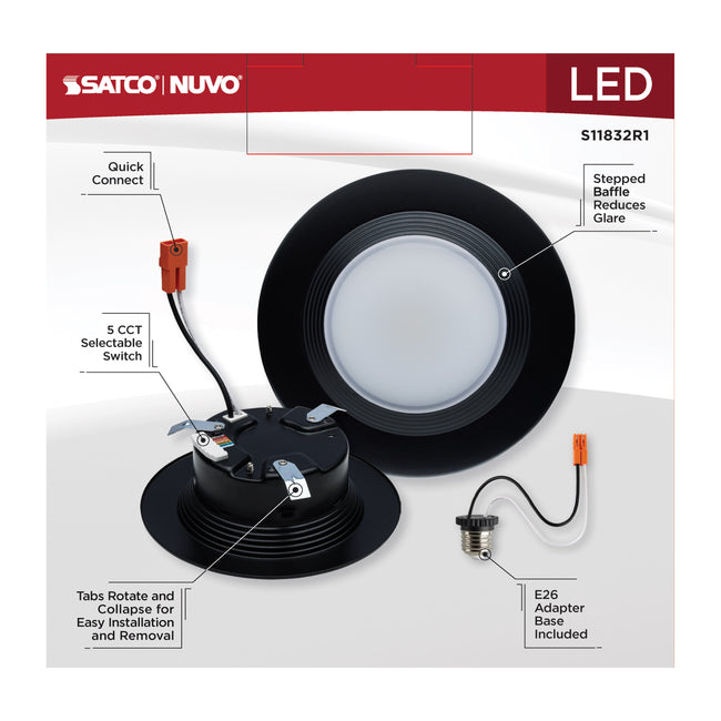 Satco LED Downlight Retrofit, 120V, 2700K/3000K/3500K/4000K/5000K, 4 Inch / Black / 6.7 Watt, alternate view [Satco-S11832R1|CUSTOM|2]