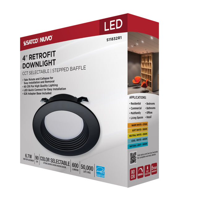 Satco LED Downlight Retrofit, 120V, 2700K/3000K/3500K/4000K/5000K, 4 Inch / Black / 6.7 Watt, alternate view [Satco-S11832R1|CUSTOM|5]