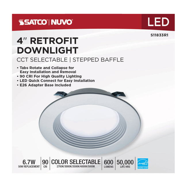 Satco LED Downlight Retrofit, 120V, 2700K/3000K/3500K/4000K/5000K, 4 Inch / Brushed Nickel / 6.7 Watt, alternate view [Satco-S11833R1|CUSTOM|1]