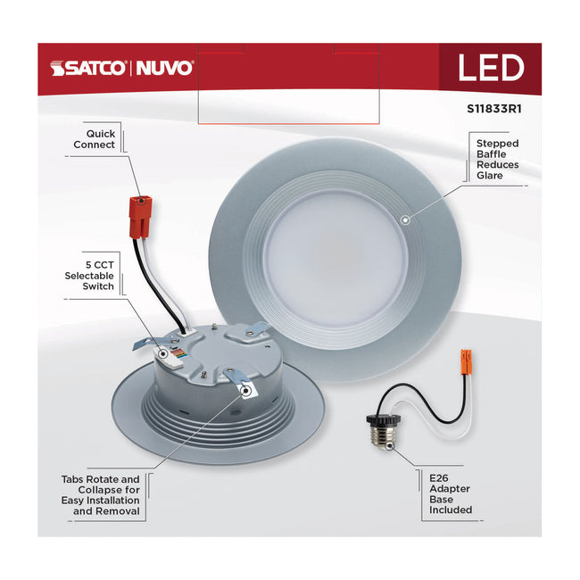 Satco LED Downlight Retrofit, 120V, 2700K/3000K/3500K/4000K/5000K, 4 Inch / Brushed Nickel / 6.7 Watt, alternate view [Satco-S11833R1|CUSTOM|2]