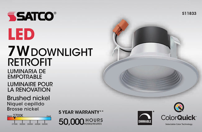 Satco LED Downlight Retrofit, 120V, Dimmable, 4 Inch / Brushed Nickel / 7 Watt, alternate view [Satco-S11833|CUSTOM|1]