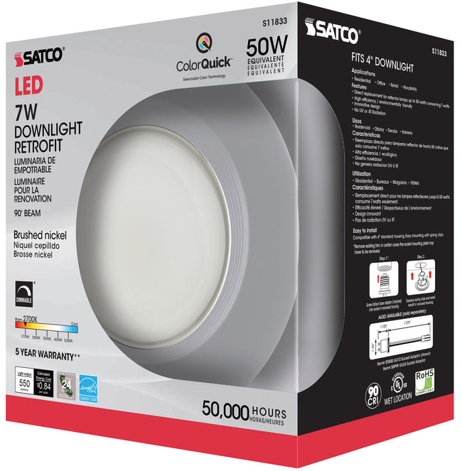 Satco LED Downlight Retrofit, 120V, Dimmable, 4 Inch / Brushed Nickel / 7 Watt, alternate view [Satco-S11833|CUSTOM|3]