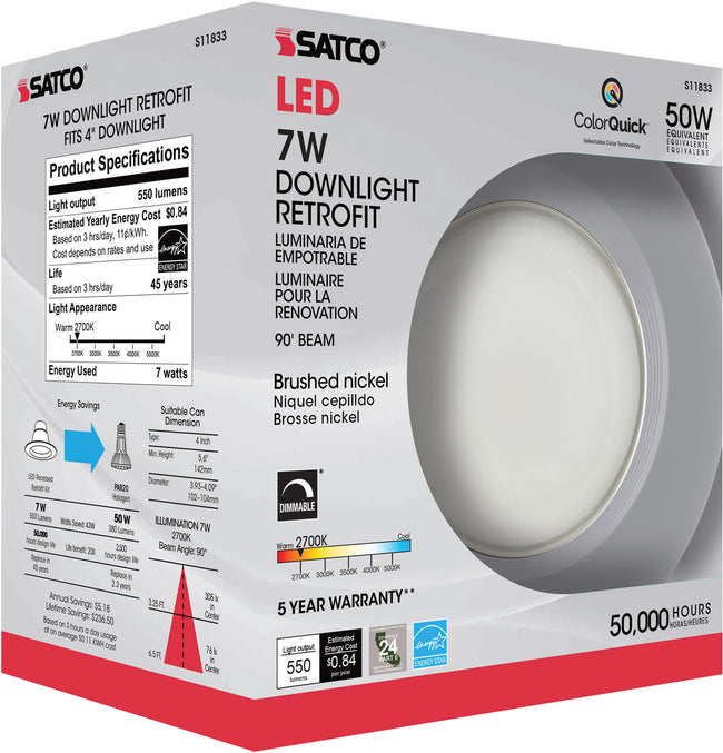 Satco LED Downlight Retrofit, 120V, Dimmable, 4 Inch / Brushed Nickel / 7 Watt, alternate view [Satco-S11833|CUSTOM|4]
